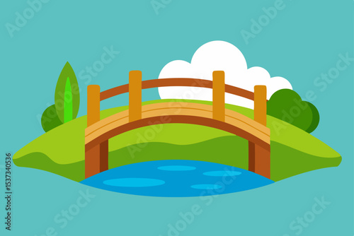 Serene Wooden Bridge Spanning a Calm River in a Picturesque Landscape