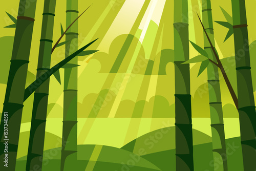 Serene Bamboo Forest Sunlit Green Landscape Illustration
