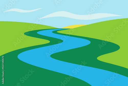 Serene River Winding Through Lush Green Hills A Peaceful Landscape Illustration