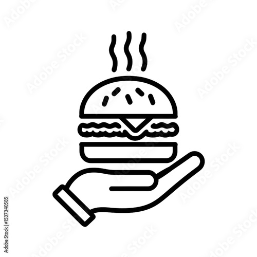 Burger in Hand Icon – Hot Fast Food Line Art Symbol for Delivery & Restaurant
