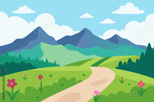 Serene Mountain Landscape A Picturesque Winding Path Through Lush Meadows and Majestic Peaks