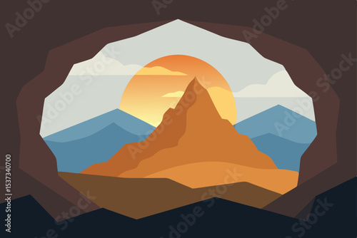 Majestic Mountain Sunset View from Cave Opening A Breathtaking Landscape Illustration
