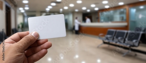 Wallpaper Mural Hand holding blank white card in hospital waiting room Concept of healthcare access, insurance, and patient identification at the clinic Torontodigital.ca