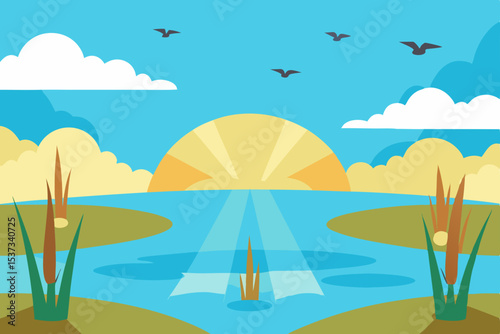Serene Sunset Landscape Calm Water, Golden Rays, and Peaceful Birds