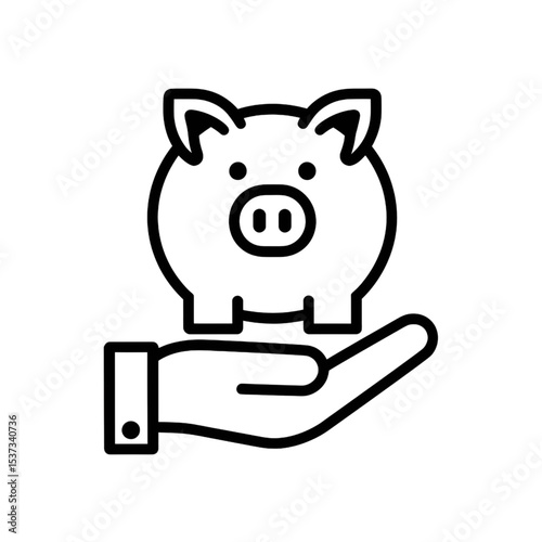 Piggy Bank in Hand Icon – Saving Money Outline Symbol for Finance and Banking