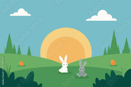Adorable Bunnies at Sunset A Charming Easter Illustration