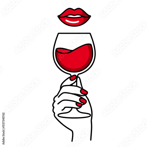 Glossy red lips positioned directly above a wine glass containing red wine.