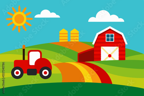 Vibrant Farm Scene Tractor, Barn, and Sunny Hills Illustration