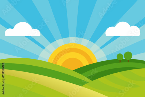 Sunrise Over Rolling Hills A Vibrant Summer Landscape Illustration
