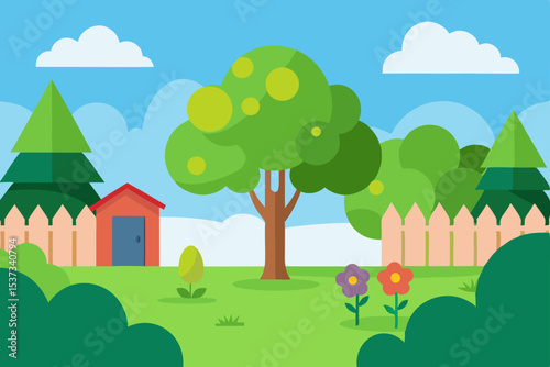 Vibrant Spring Backyard  A Delightful Garden Scene Illustration