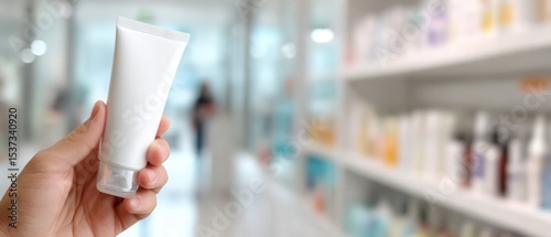 Wallpaper Mural Hand holding white cosmetic tube mockup in pharmacy, showcasing skincare product for beauty and health Concept of healthcare, dermatology, and personal care Torontodigital.ca