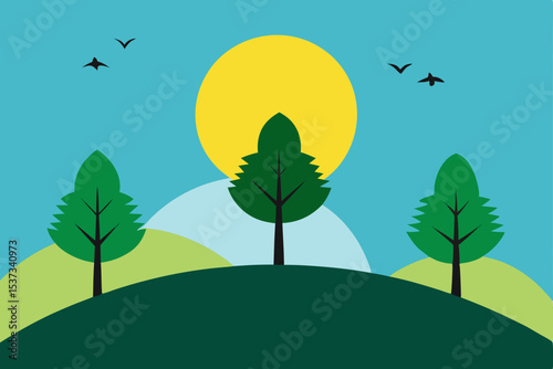 Serene Sunrise Minimalist Illustration of Trees on a Hill, Peaceful Landscape