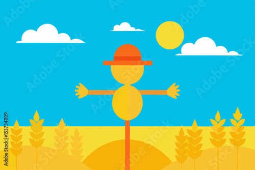 Friendly Scarecrow in Wheat Field A Sunny Day Illustration
