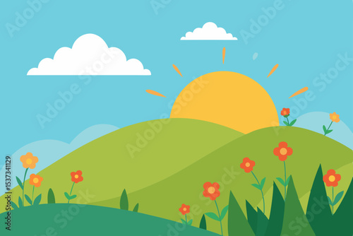 Sunrise over Rolling Hills A Vibrant Spring Landscape Illustration