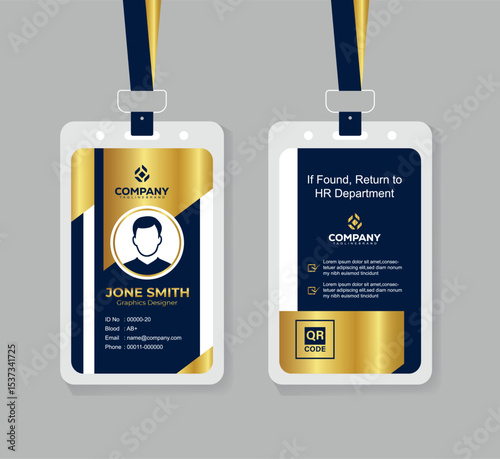 Modern Navy Blue White and Gold Office ID Card Design with QR Code for Company Staff and Employee