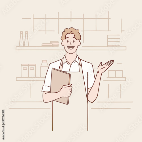 The clerk is holding the menu and giving recommendations at the cafe vector design illustrations