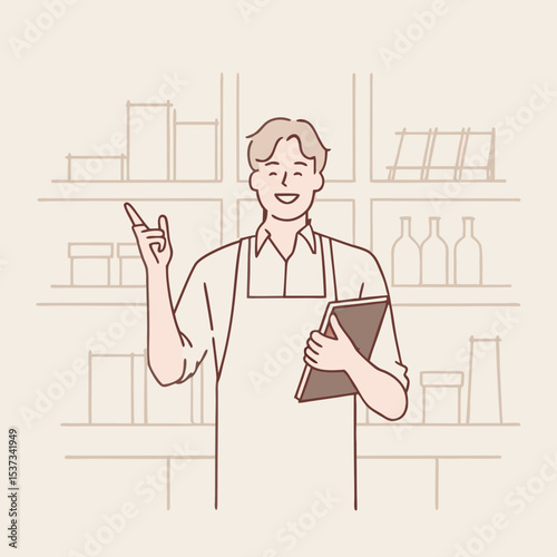 The clerk is holding the menu and giving recommendations at the cafe vector design illustrations