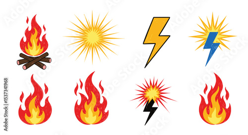 Images of Fire Sun and Lighting Energy Sources Illustration