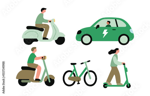 Sustainable transportation illustration featuring electric car scooter bicycle and people