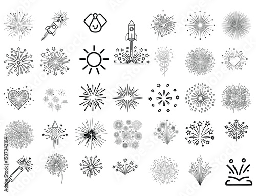Fireworks Assortment Celebratory Designs, Rockets, Sparklers, Starbursts, Starry Explosions, Elements