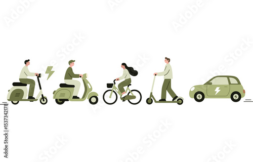 Sustainable transportation illustration featuring electric vehicles bikes and scooters