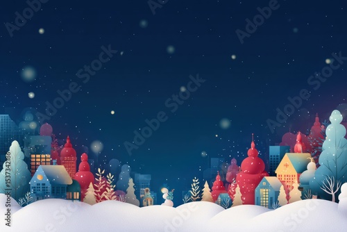 Magical Winter Night with Snowy Village, Colorful Houses, and a Snowman in the Background, Ideal for Holiday Greetings or Winter Promotions, Concept of Festive Decor and Seasonal Celebrations