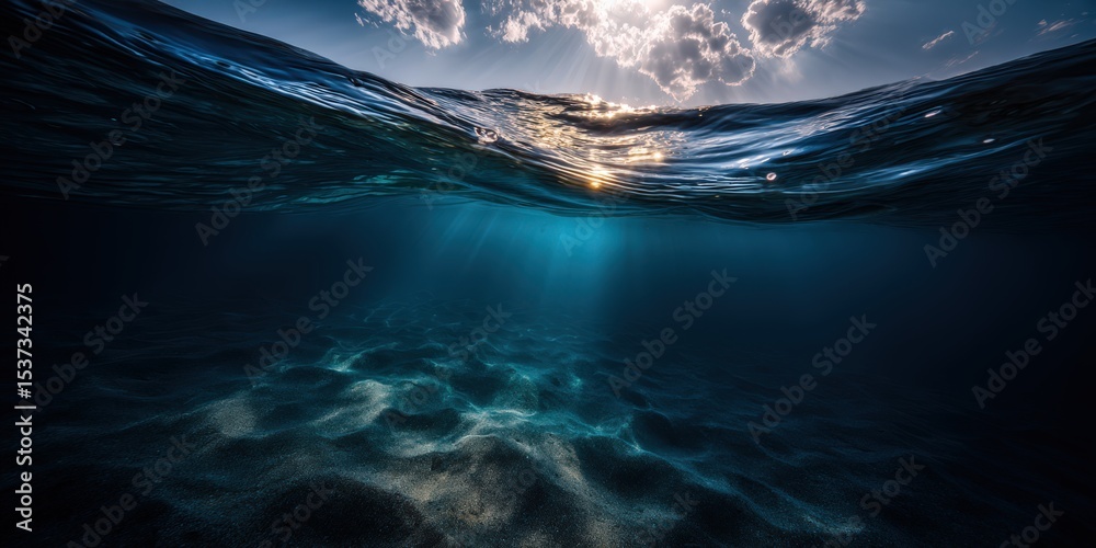 Fototapeta premium Underwater View of Ocean Waves and Sunlight, Representing Marine Beauty and Environmental Awareness