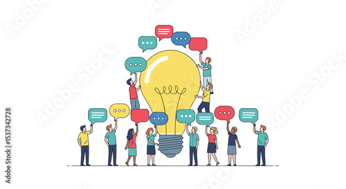 Team Collaboration Generating Ideas Surrounding a Central Lightbulb Metaphor