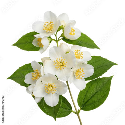 Arrangement of jasmine blossoms with green foliage isolated against a plain setting view close up on transparent background
