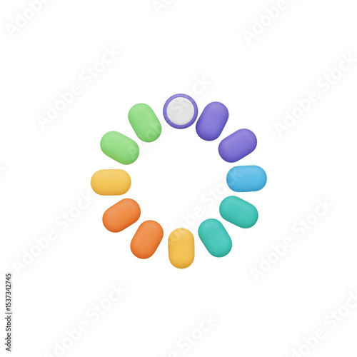Arrangement of colorful oblong objects forming a circle with a white topped object at the apex on transparent background