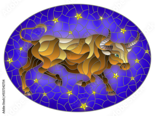 Illustration in stained glass style with an abstract  bull on the background of the night sky and stars, oval image