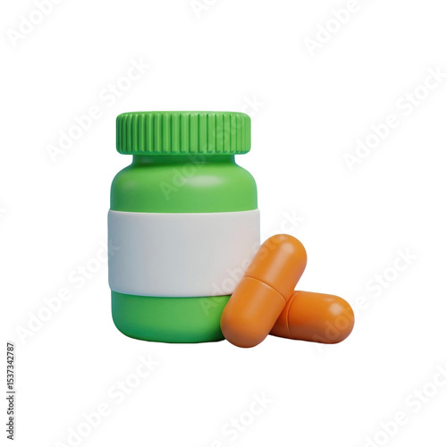 Green pill bottle with a white label and two orange capsules next to it in a medical still life image on transparent background