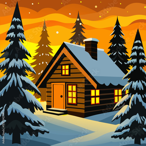 A cozy black wooden cabin nestled in a snowy winter forest at dusk. Warm yellow-orange light glows from the cabin windows, creating a welcoming atmosphere. Snow gently falls from the sky, covering ice