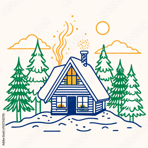 A cozy black wooden cabin nestled in a snowy winter forest at dusk. Warm yellow-orange light glows from the cabin windows, creating a welcoming atmosphere. Snow gently falls from the sky, covering ice