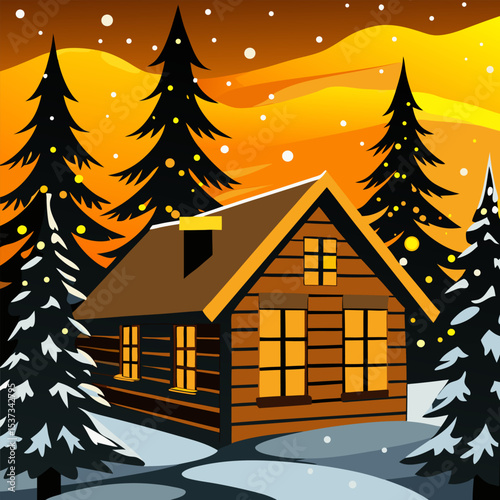 A cozy black wooden cabin nestled in a snowy winter forest at dusk. Warm yellow-orange light glows from the cabin windows, creating a welcoming atmosphere. Snow gently falls from the sky, covering ice