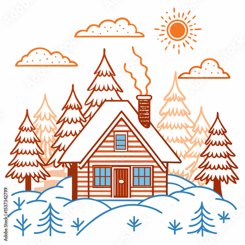 A cozy black wooden cabin nestled in a snowy winter forest at dusk. Warm yellow-orange light glows from the cabin windows, creating a welcoming atmosphere. Snow gently falls from the sky, covering ice