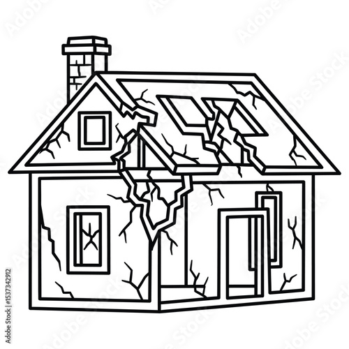 Line Art Illustration Damaged House with Cracks on Walls and Roof Design