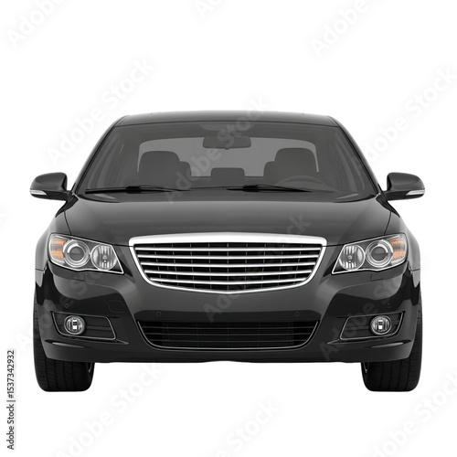 Front view of a sedan with visible headlights and grill in a neutral presentation on a plain setting on transparent background