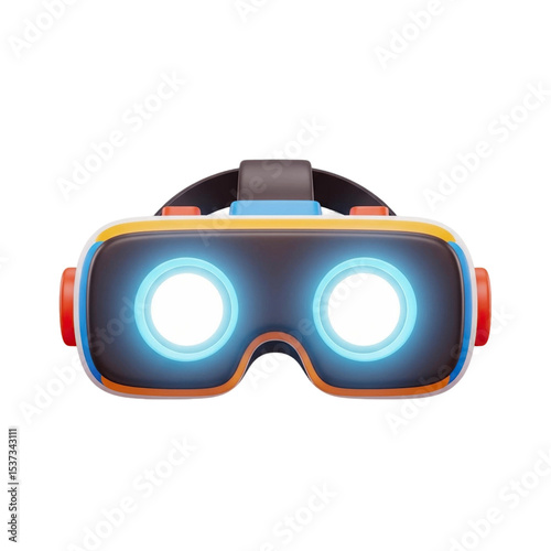 Isolated vr headset with glowing lenses and colorful frame displayed in a digital rendering style on transparent background