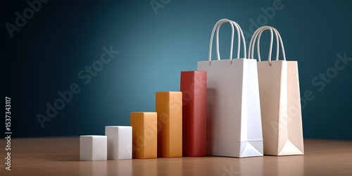 Shopping Bags and Rising Bar Graph on Wooden Surface, Illustrating Retail Growth and Success