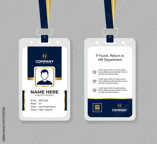 Modern Navy Blue White and Gold Office ID Card Design with QR Code for Company Staff and Employee