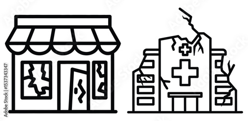 Outline Illustration Damaged Store and Ruined Hospital Building After Earthquake Disaster