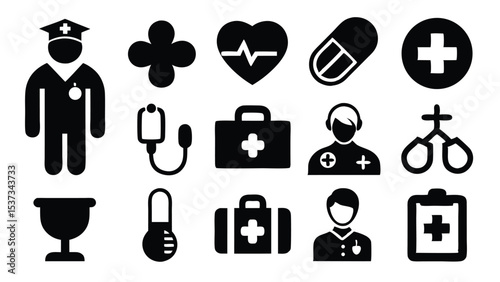 Black and white healthcare and medical icons representing diverse medical elements for design