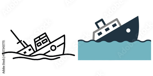 Sinking Ship Icons Nautical Vessel in Distress, Maritime Disaster Illustration Design Elements