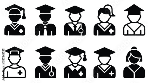 Black and white illustration of graduating medical professionals wearing graduation caps