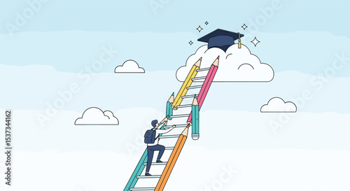 Achieving Academic Success Climbing Ladder Made of Pencils and Education