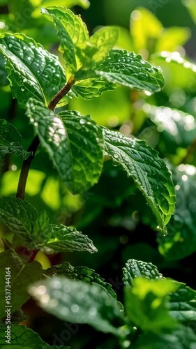 Close up of fresh green mint leaves, showing water droplets on leaves, lit by sunlight in the garden, nature background, plant details