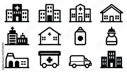 Collection of black and white medical icons representing hospitals and related medical facilities
