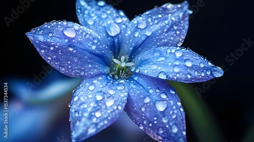 A captivating macro close-up image that captures a vibrant, radiant star-shaped blossom on a delicate harebell, complete with visible dew drops and a serene natural backdrop