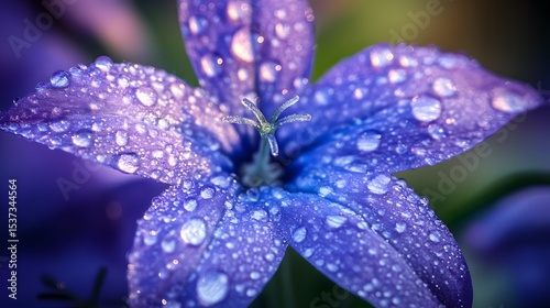 A captivating macro close-up image that captures a vibrant, radiant star-shaped blossom on a delicate harebell, complete with visible dew drops and a serene natural backdrop